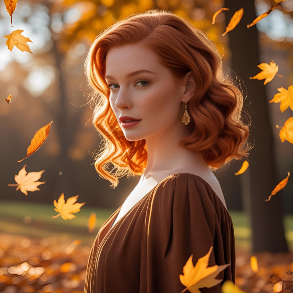 Beautiful Hair Color Ideas for Women 2025 5 Elegant model with ginger spice hair in soft waves, standing amid falling autumn leaves, sunlight filtering through, in a warm, golden-hour photo that's captivating and seasonal.
