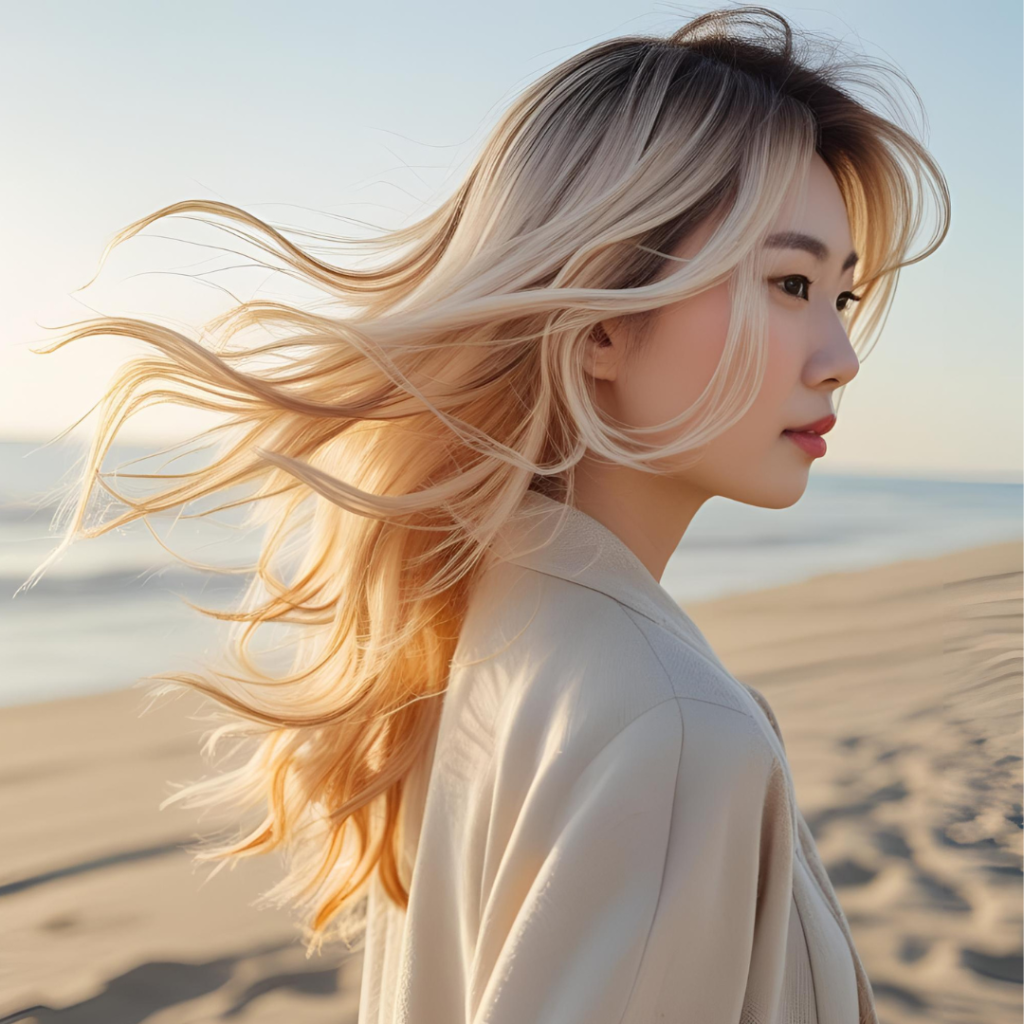 Beautiful Hair Color Ideas for Women 2025 6 Whimsical shot of a woman with honey blonde balayage walking on a sandy beach, hair tousled by the wind, with soft sunlight creating highlights, in a serene, nature-inspired scene that's beautiful and relaxing.