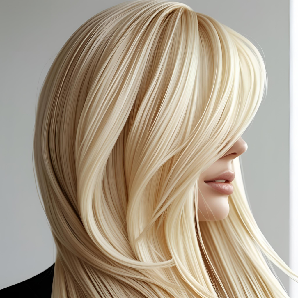 Beautiful Hair Color Ideas for Women 2025 7 Close-up of buttery blonde hair in sleek strands, with creamy tones catching the light, against a minimalist background, highlighting smoothness and luminosity in a modern, alluring image.