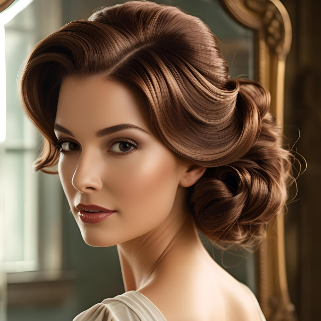 Beautiful Hair Color Ideas for Women 2025 8 Vintage-inspired portrait of a woman with mocha mousse brunette hair, styled in soft updo, with subtle lowlights, set against an antique mirror, in warm lighting that conveys timeless elegance.