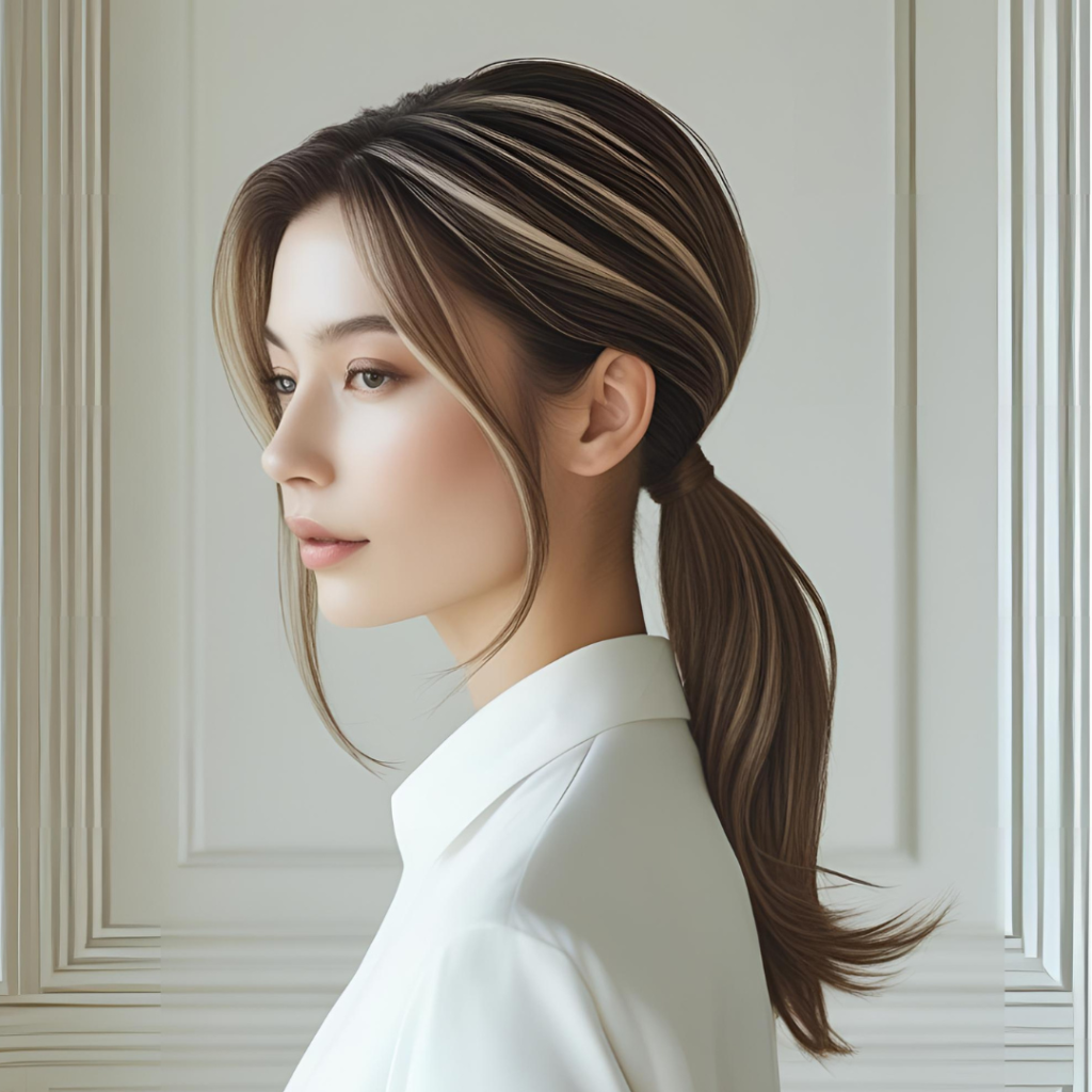 Beautiful Hair Color Ideas for Women 2025 10 Minimalist image of a woman with subtle face-framing highlights, hair in a simple ponytail, natural light accentuating the strands, in a clean, serene setting that's elegant and subtle.