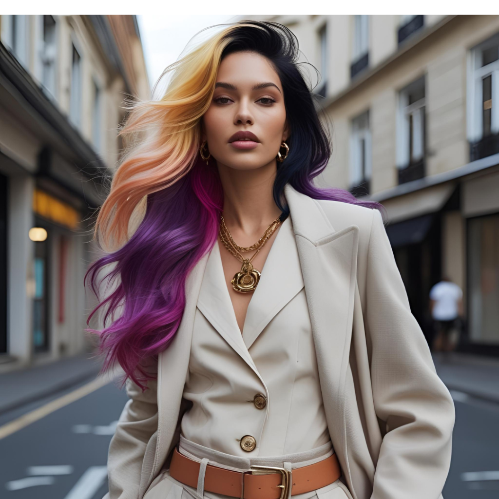 Beautiful Hair Color Ideas for Women 2025 12 Stylish ensemble of a woman with mixed hair colors, in neutral clothes, posing in a city street, with vibrant accents standing out, in a fashionable, aspirational photograph.