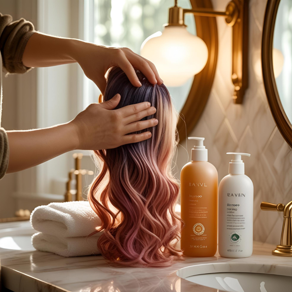 Beautiful Hair Color Ideas for Women 2025 13 Gentle hands applying shampoo to colored hair, beside care products on a marble counter, warm light conveying nurture, in a cozy, detailed bathroom scene.