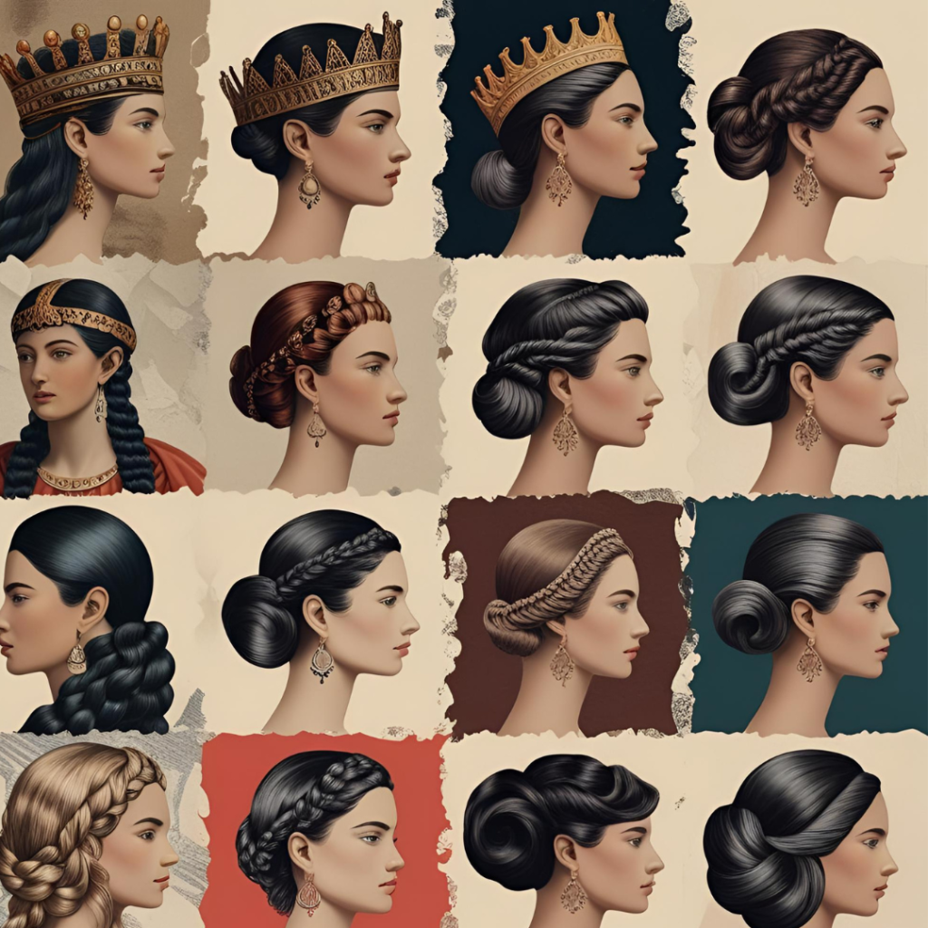 Beautiful Hair Color Ideas for Women 2025 14 Historical collage of ancient hair styles with 2025 trends, like crowns and modern waves side by side, in a textured, narrative collage that's striking and informative.