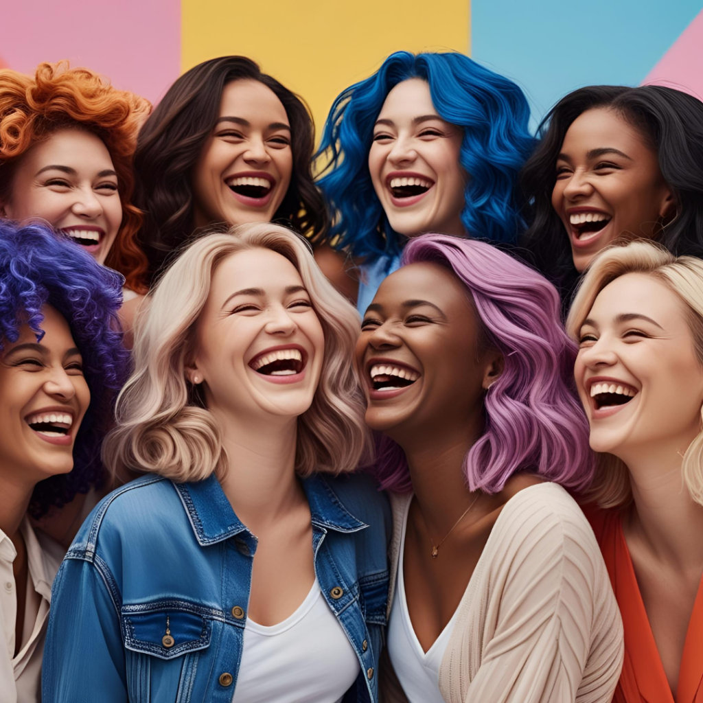 Beautiful Hair Color Ideas for Women 2025 15 Diverse women with various 2025 hair colors, laughing in a group at an event, with colorful backgrounds, capturing inclusivity and happiness in a lively composition.