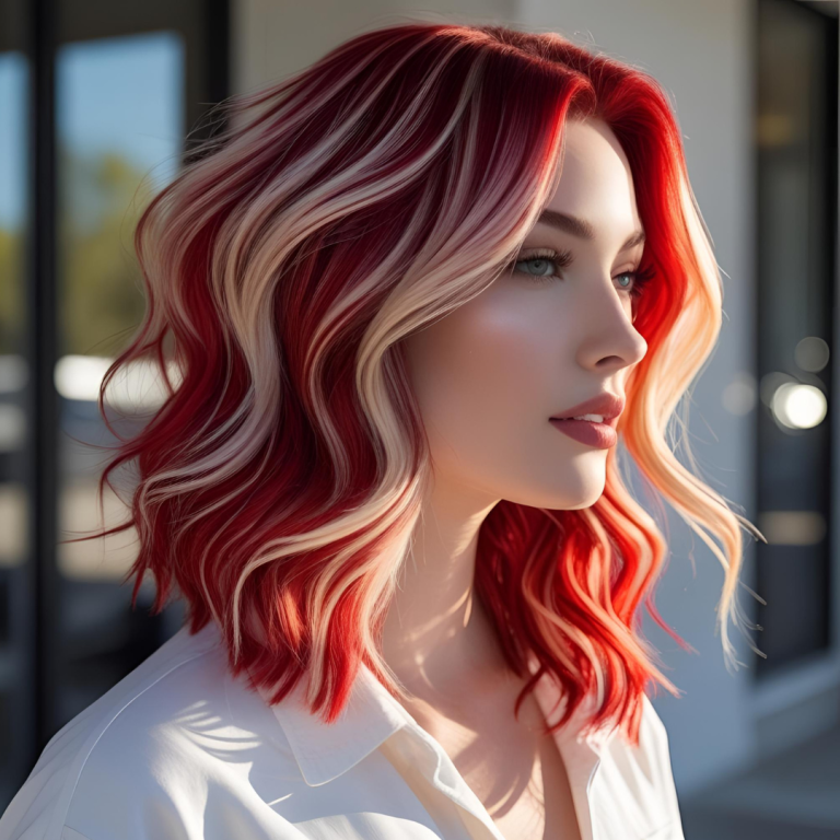 "Model with 2025 hair color trends, featuring bold red highlights blending into soft blonde tones, styled in loose waves under natural sunlight."