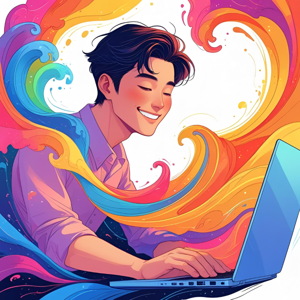 Aesthetic Wallpaper Background for Laptop 2025 3 Craft an amazing illustration of a person smiling while opening a laptop, with colorful abstract waves emanating from the screen, in vibrant yet soothing tones, making it beautiful and inviting.