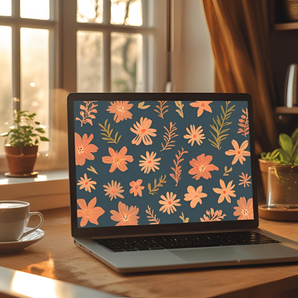 Aesthetic Wallpaper Background for Laptop 2025 4 Design a captivating image of a cozy workspace with a laptop displaying a floral minimalist pattern, soft morning light filtering through a window, and coffee nearby, in warm, earthy colors for a relaxing feel.
