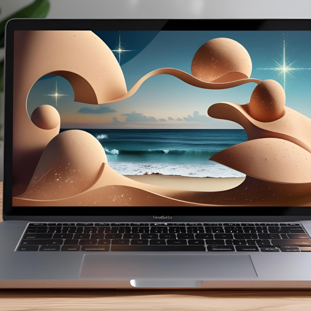 Aesthetic Wallpaper Background for Laptop 2025 5 Create an eye-catching visual of abstract earth tone shapes forming a beach scene on a laptop screen, with subtle gradients and sparkling accents, in HD quality to evoke calmness and creativity.