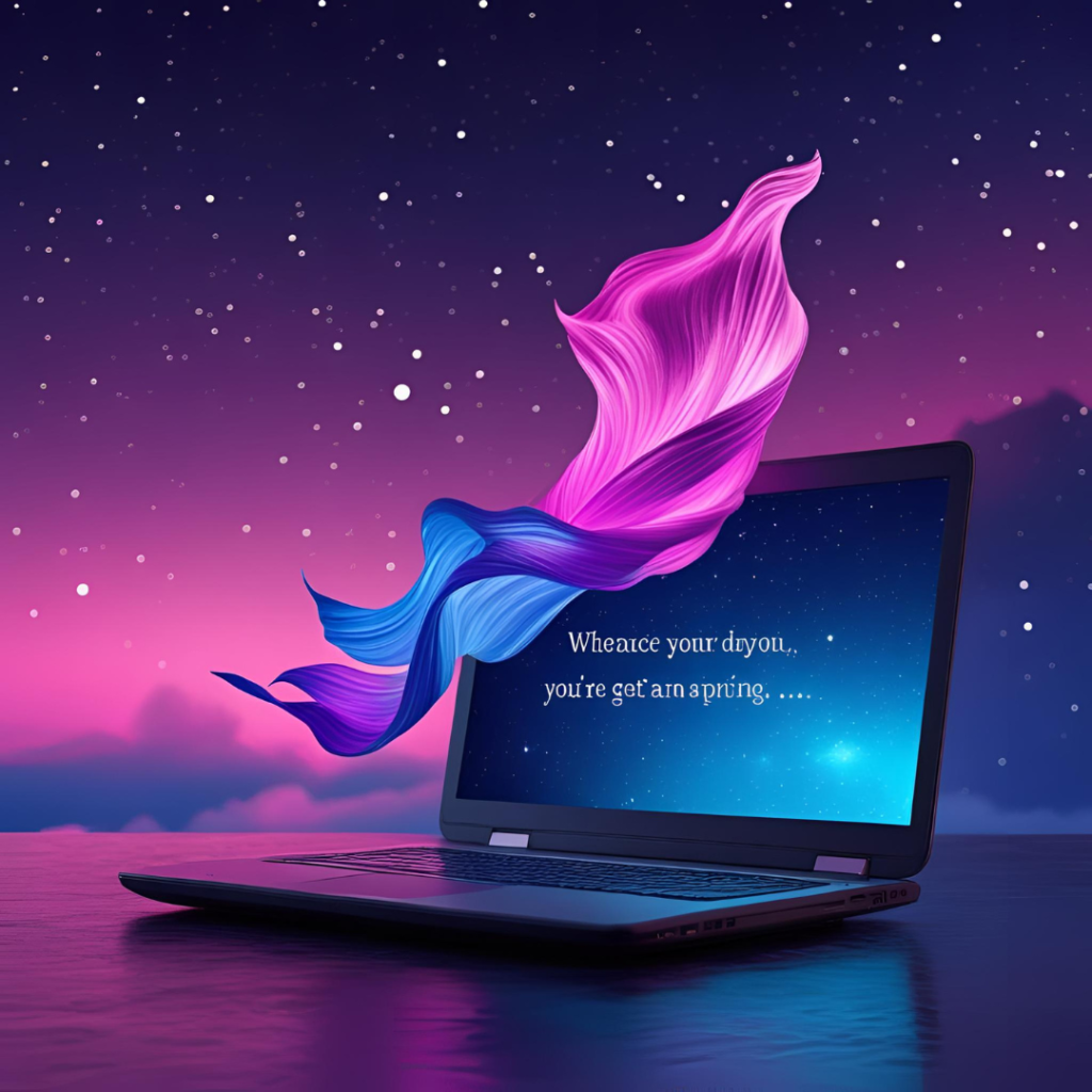 Aesthetic Wallpaper Background for Laptop 2025 7 Produce an amazing gradient wallpaper image in pink and blue hues with a motivational quote floating elegantly, set on a laptop in a starry night environment, eye-catchingly vibrant.