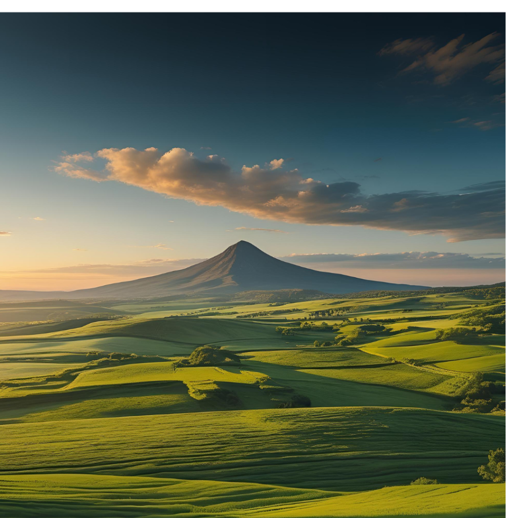 Aesthetic Wallpaper Background for Laptop 2025 8 Depict a breathtaking earthy tone landscape with green fields and a distant mountain on a laptop display, bathed in golden hour light, for a natural and inspiring aesthetic.