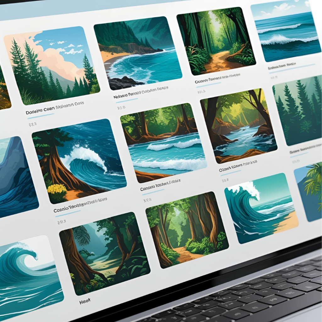 Aesthetic Wallpaper Background for Laptop 2025 9 Show a selection of nature-inspired images on a virtual laptop screen menu, with ocean waves and forests highlighted, in a clean, colorful layout that's visually appealing and detailed.