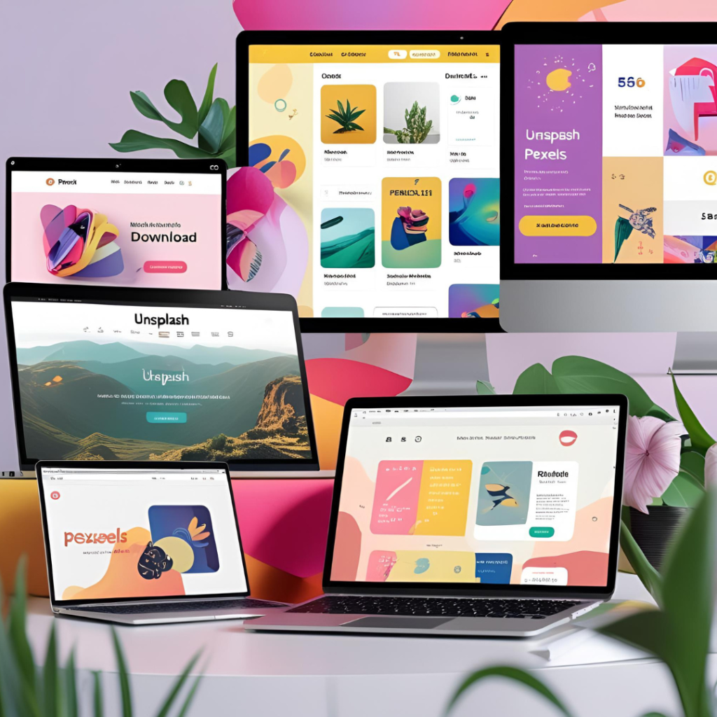Aesthetic Wallpaper Background for Laptop 2025 12 : Create a vibrant collage of website interfaces like Unsplash and Pexels showing aesthetic downloads, with laptops in the foreground, in a dynamic and attractive composition.