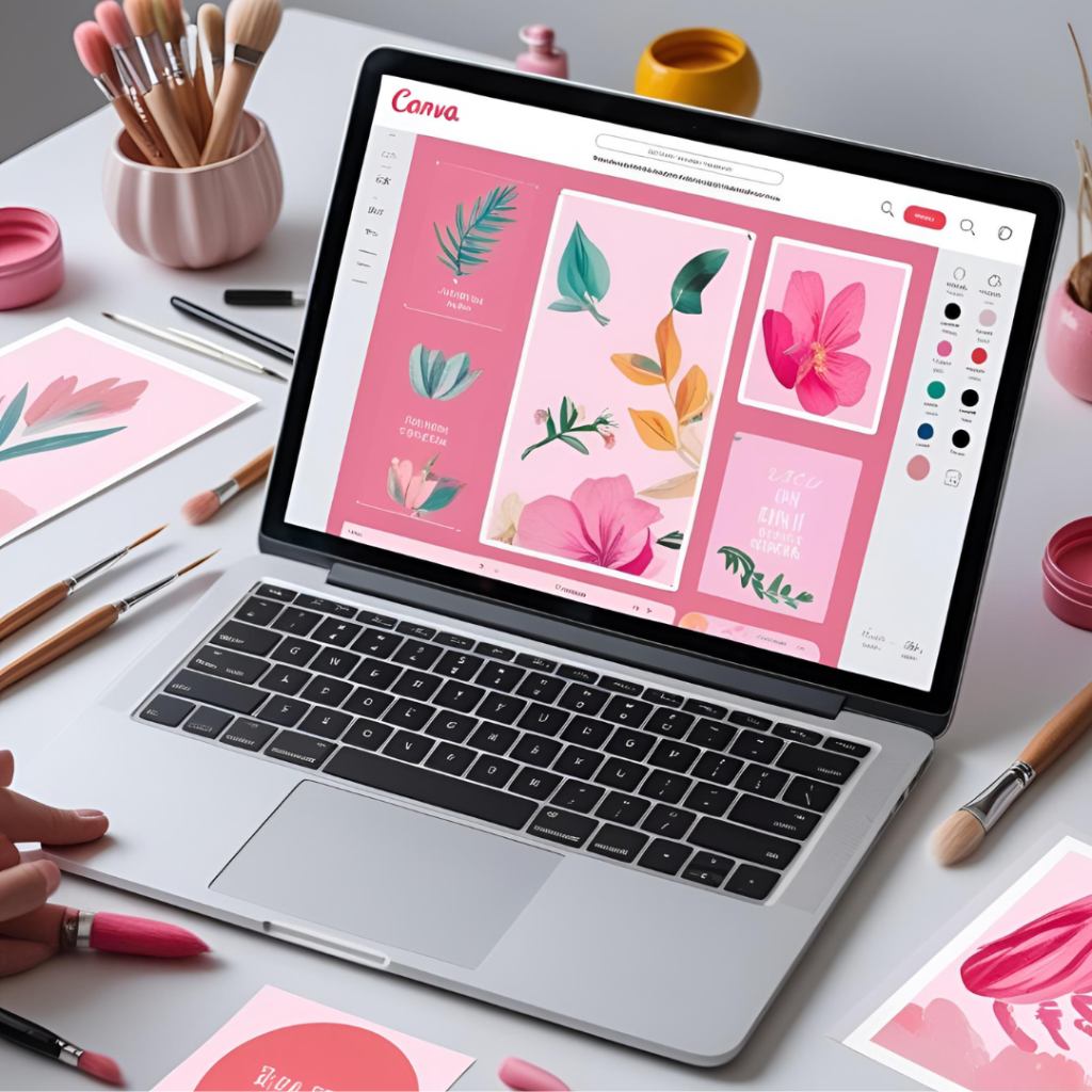 Aesthetic Wallpaper Background for Laptop 2025 13 Generate an amazing image of a Canva editing screen with pink aesthetic templates open on a laptop, surrounded by creative tools like brushes and colors, eye-catchingly artistic.