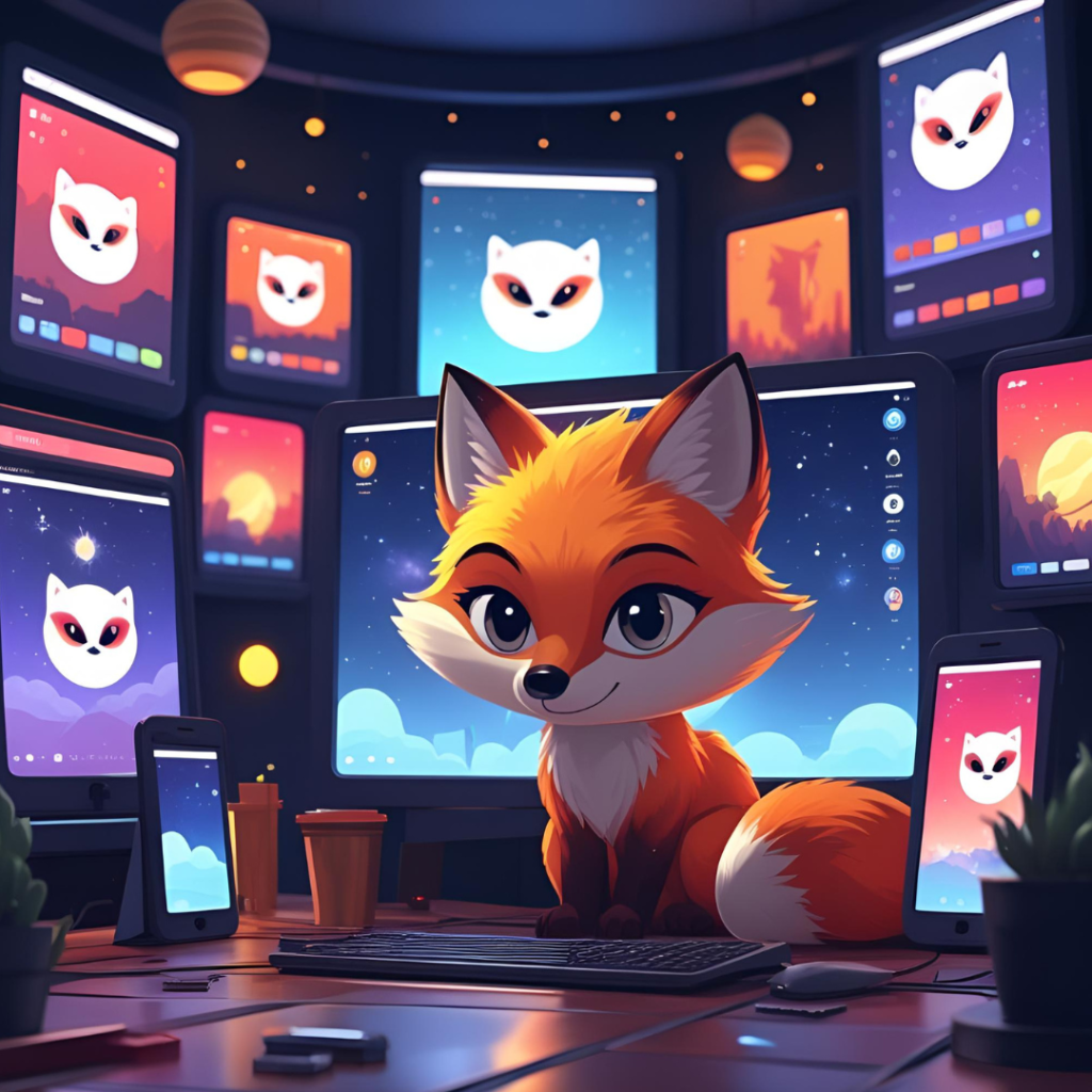 Aesthetic Wallpaper Background for Laptop 2025 14 Depict a community forum like Reddit with shared galaxy fox wallpapers on screens, in a futuristic yet cozy setting, beautiful and engaging.