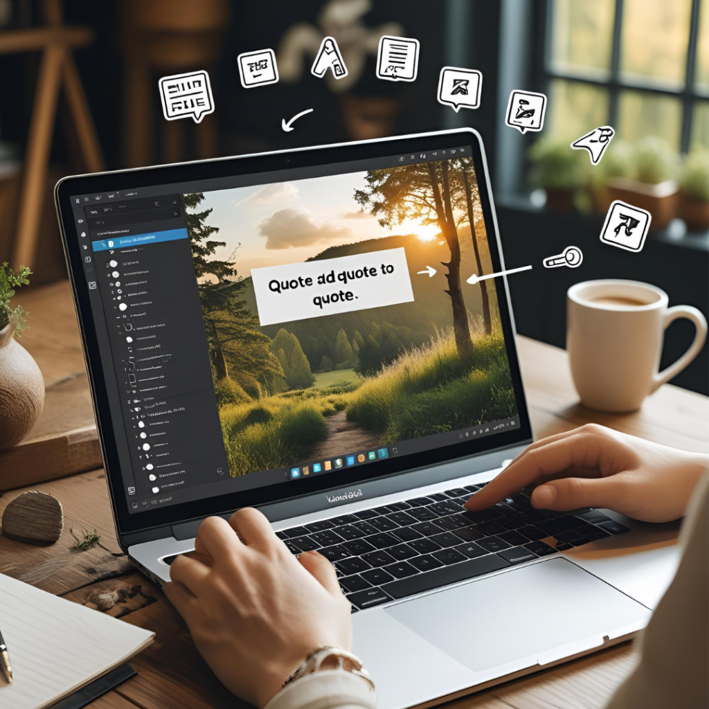 Aesthetic Wallpaper Background for Laptop 2025 15 : Illustrate a step-by-step customization process on a laptop, showing quote addition to a nature scene, with tools icons floating around, in a fun, instructional style that's stunning.