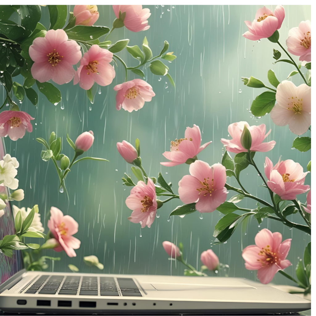 Aesthetic Wallpaper Background for Laptop 2025 16 Craft a seasonal spring floral wallpaper being applied to a laptop, with blooming flowers and soft rain effects, eye-catchingly fresh and detailed.