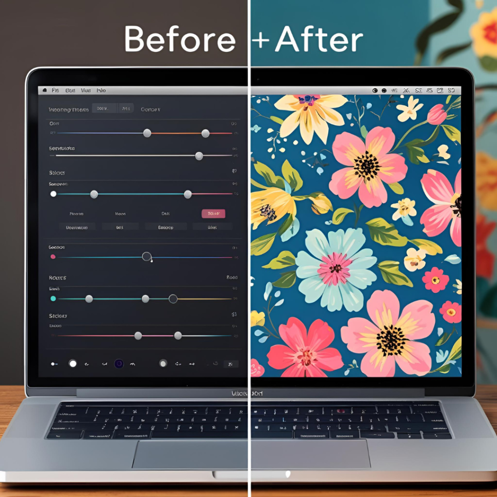 Aesthetic Wallpaper Background for Laptop 2025 17 Show a before-and-after of a laptop screen, from dull to bright floral, with adjustment sliders visible, in a transformative and beautiful visual.