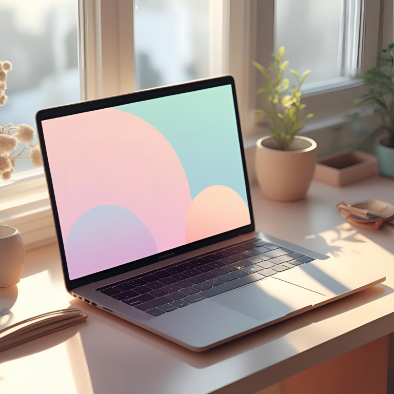 ChatGPT said: "Aesthetic laptop wallpaper 2025 featuring a minimalist pastel design with soft gradients, displayed on an open laptop in a cozy, sunlit workspace."