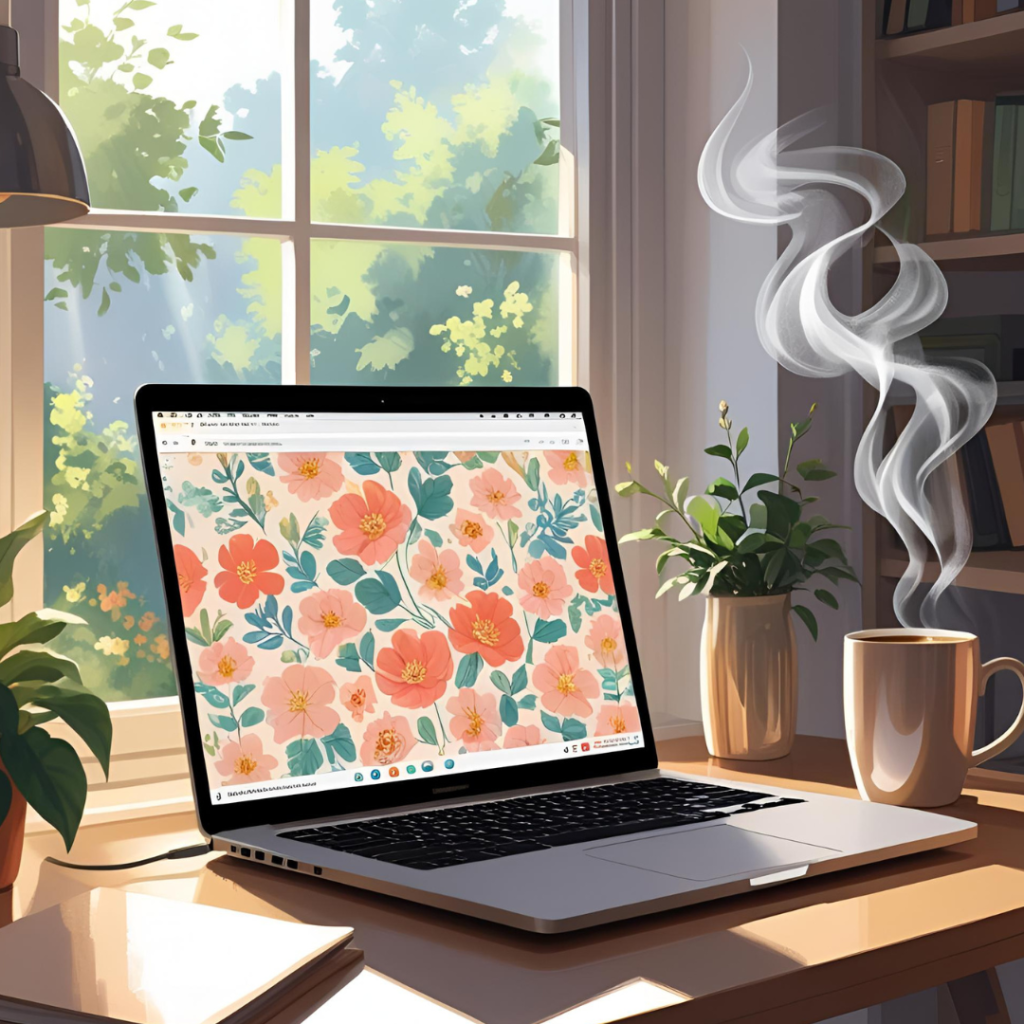 Top Aesthetic Laptop Wallpaper Trends for a Beautiful Digital Setup 4 Illustrate a cozy home office with a laptop showing a floral aesthetic wallpaper, morning light streaming in, and a steaming mug nearby, in soft, uplifting color