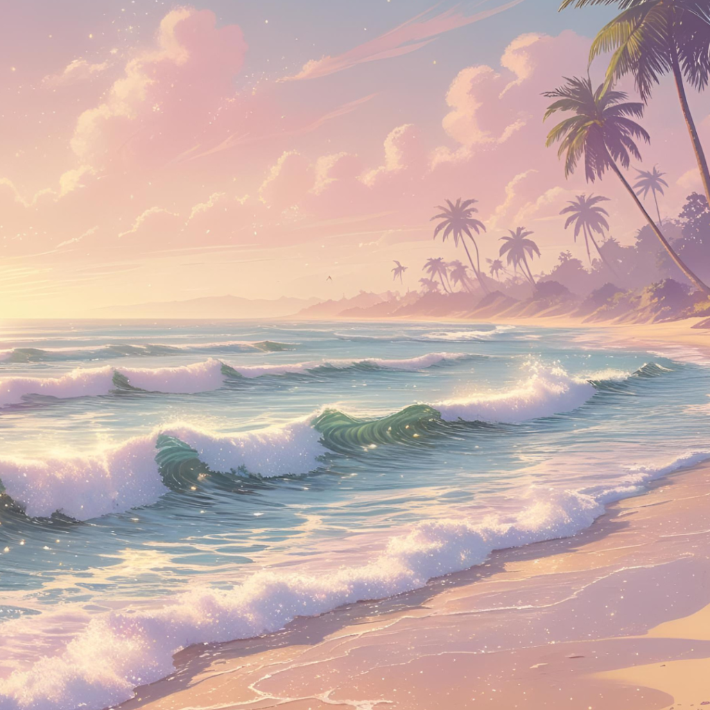 Top Aesthetic Laptop Wallpaper Trends for a Beautiful Digital Setup 6 Depict a stunning pastel beach scene as laptop wallpaper, complete with glittering waves and distant palms under a hazy sky, eye-catchingly tranquil and detailed.