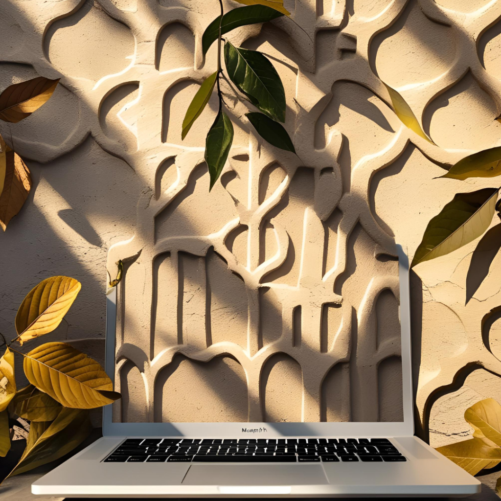 Top Aesthetic Laptop Wallpaper Trends for a Beautiful Digital Setup 8 Show an earthy beige Memphis pattern wallpaper on a laptop, with natural elements like leaves overlayed, in golden light for a sustainable, beautiful aesthetic.