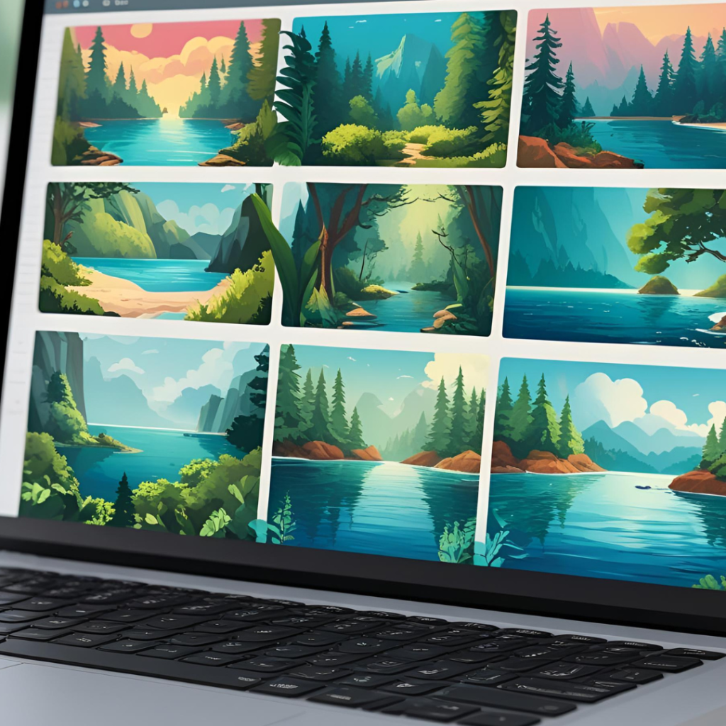 Top Aesthetic Laptop Wallpaper Trends for a Beautiful Digital Setup 9 Visualize a menu of nature wallpapers on a laptop interface, highlighting serene forests and oceans in vivid colors, clean and appealingly organized.