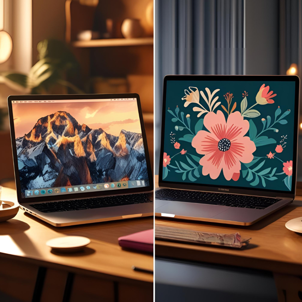 Top Aesthetic Laptop Wallpaper Trends for a Beautiful Digital Setup 10 Produce a comparative image of warm earth tone versus bold floral wallpapers on dual laptops, with soft glows, making it strikingly informative and pretty.