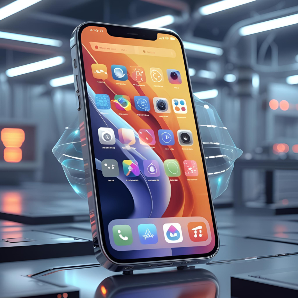 Aesthetic Wallpaper iPhone: Discover 2025 Trends to Refresh Your Screen 20 Illustrate a futuristic iPhone with AI-generated aesthetic wallpaper adapting colors, in high-tech lab, amazing with holographic effects.