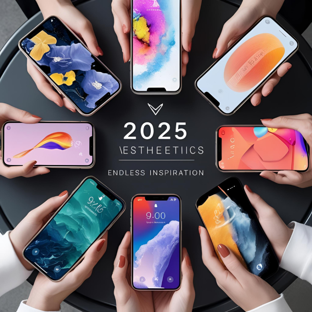 Aesthetic Wallpaper iPhone: Discover 2025 Trends to Refresh Your Screen 22 Conclude with a beautiful circle of iPhones showcasing varied 2025 aesthetic wallpapers, on a modern table, evoking personal refresh and endless inspiration.