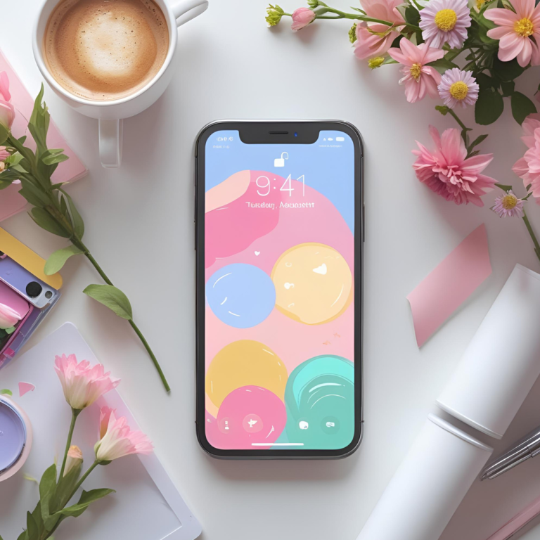 ChatGPT said: A cozy flat lay of an iPhone on a white desk, screen showing a pastel abstract aesthetic wallpaper. Surrounded by coffee, flowers, and art supplies, softly lit for a calm, creative vibe.