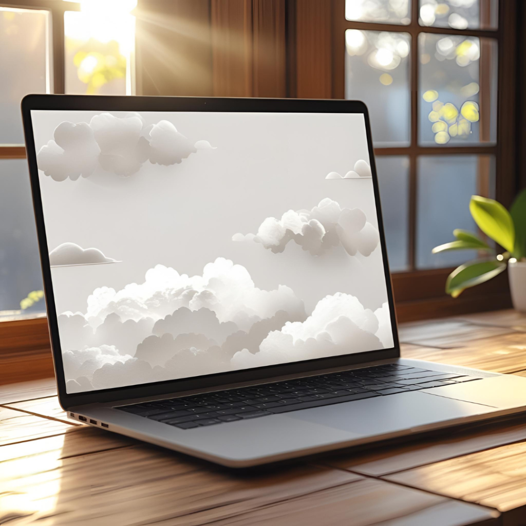 White Aesthetic Laptop Wallpaper : 2025 Spark Your Creativity with Clean Designs 2 Create a beautiful, eye-catching image of a laptop screen displaying a minimalist white aesthetic background with subtle cloud patterns, set on a wooden desk with morning sunlight streaming in, evoking calmness and inspiration.