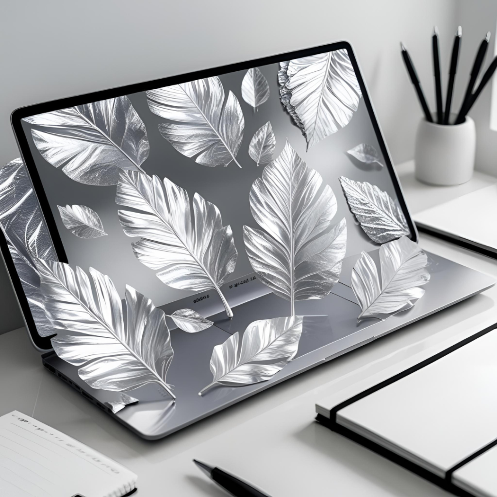 White Aesthetic Laptop Wallpaper : 2025 Spark Your Creativity with Clean Designs 4 Generate a stunning, eye-catching image of white silver leaf patterns on a laptop screen, amid a minimalist workspace with white notebooks and pens, symbolizing purity and balanced energy.