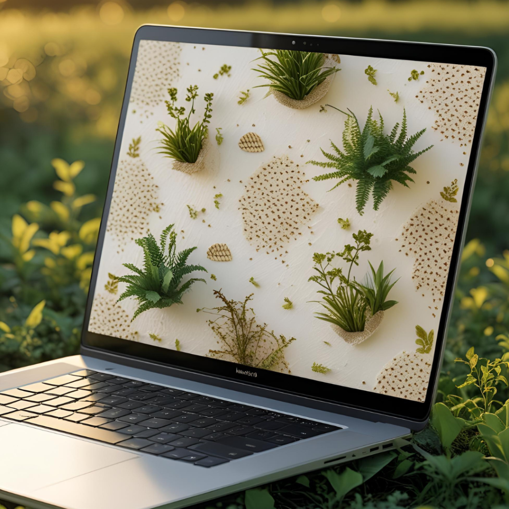 White Aesthetic Laptop Wallpaper : 2025 Spark Your Creativity with Clean Designs 6 Depict an amazing eco-inspired white aesthetic laptop screen with beige textures and small nature patterns, set in a green outdoor setting, eye-catching with golden hour glow.