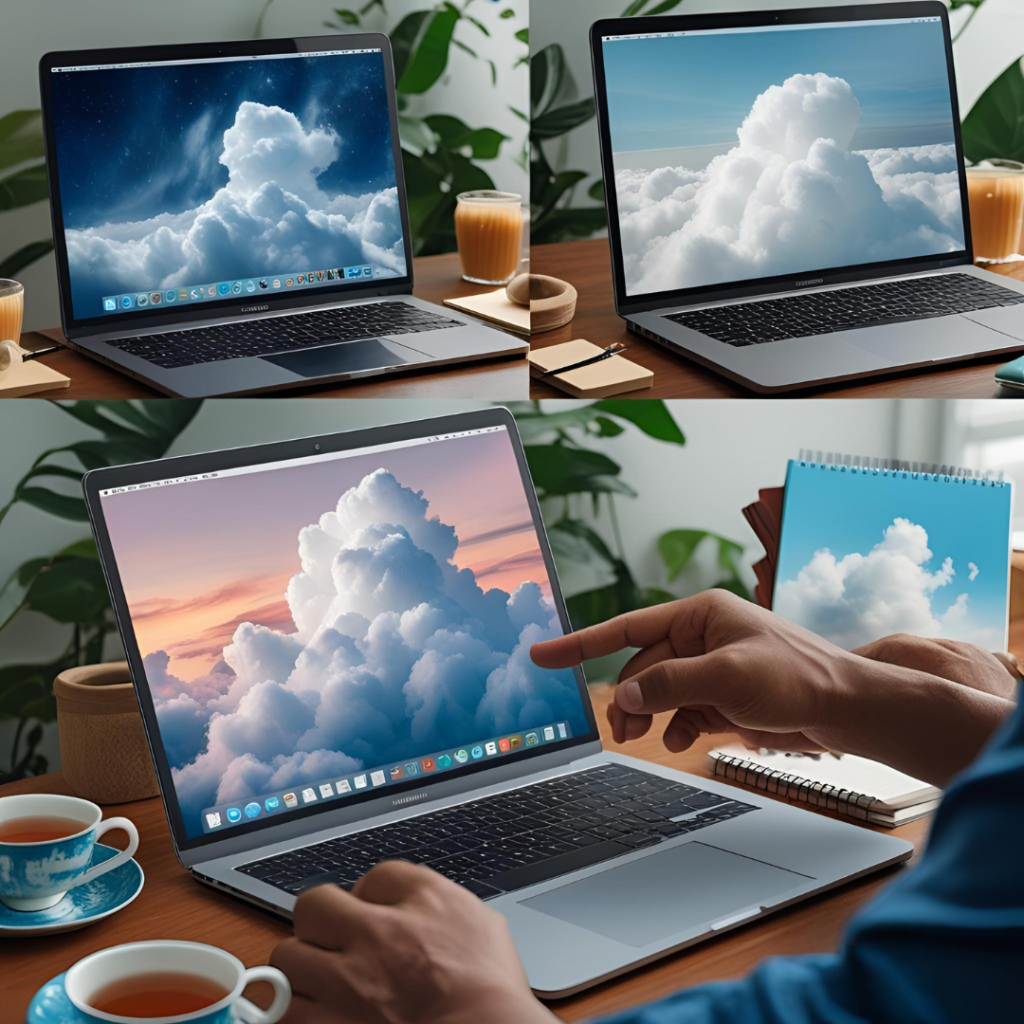 White Aesthetic Laptop Wallpaper : 2025 Spark Your Creativity with Clean Designs 8 Illustrate an eye-catching selection process image with various white cloud wallpapers on laptop mockups, a person choosing one, surrounded by cozy elements like tea and notebooks.