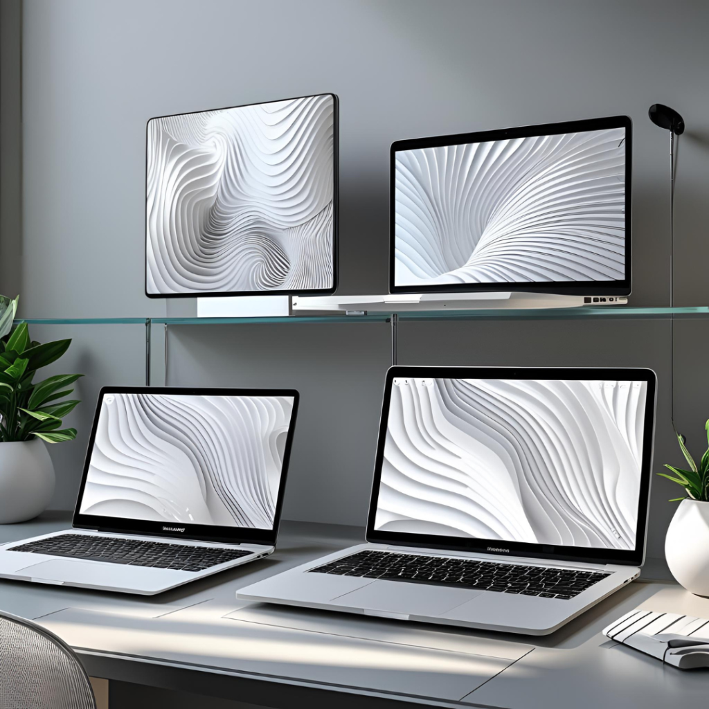 White Aesthetic Laptop Wallpaper : 2025 Spark Your Creativity with Clean Designs 9 Create a stunning comparison of white abstract patterns on different laptop screens, highlighting fit and preview, with soft shadows and modern desk setup.