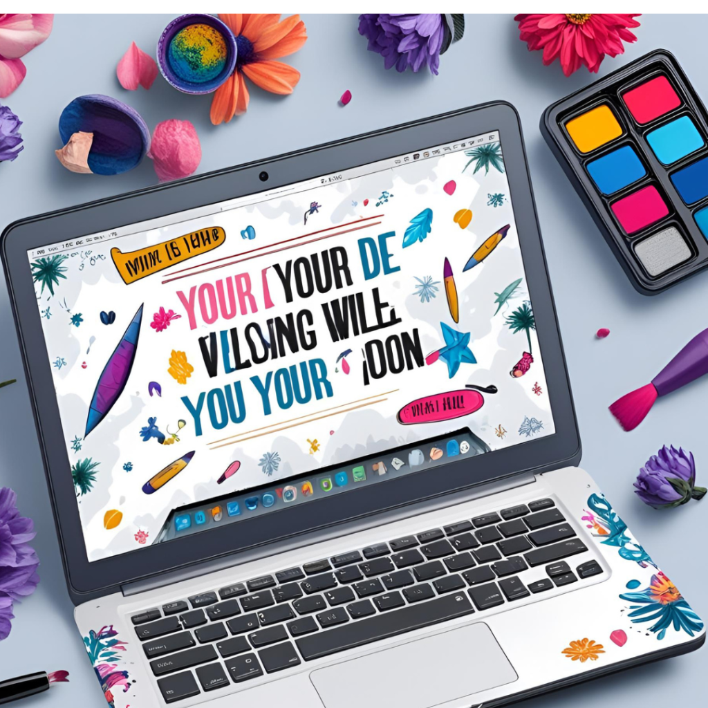 White Aesthetic Laptop Wallpaper : 2025 Spark Your Creativity with Clean Designs 10 Design an amazing customization scene with a laptop showing a personalized white aesthetic wallpaper with added motivational quotes, tools like brushes and colors around, vibrant and creative.