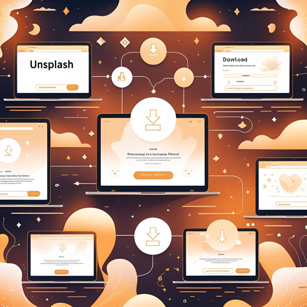 White Aesthetic Laptop Wallpaper : 2025 Spark Your Creativity with Clean Designs 13 Illustrate a stunning collage of laptop screens downloading from websites like Unsplash and Pexels, featuring free white aesthetic designs in warm lights, eye-catching with download icons and flowing data streams.