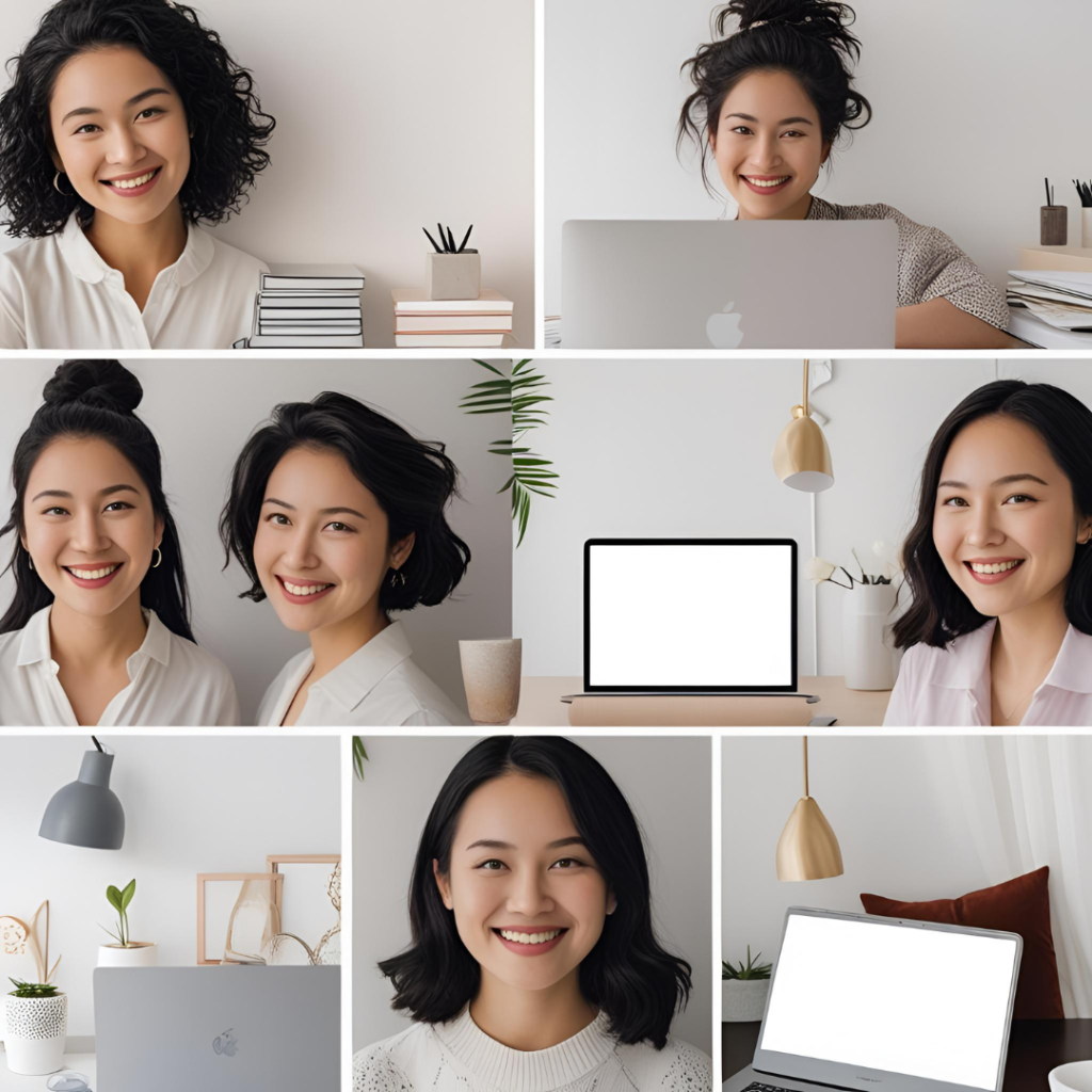 White Aesthetic Laptop Wallpaper : 2025 Spark Your Creativity with Clean Designs 14 Depict a captivating series of user portraits next to laptops with white aesthetic wallpapers, each showing workflow improvements like organized desks and happy expressions, in soft, inspiring hues.
