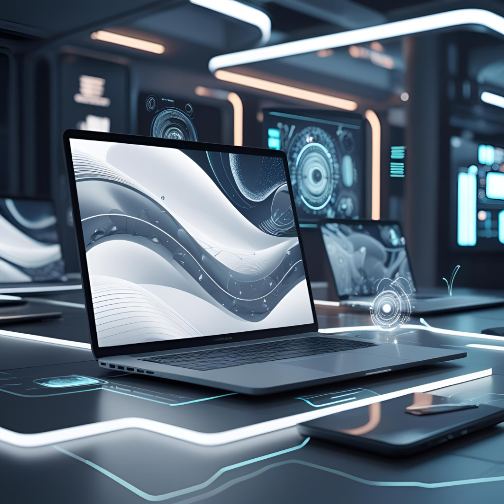 White Aesthetic Laptop Wallpaper : 2025 Spark Your Creativity with Clean Designs 15 : Generate a futuristic, eye-catching vision of evolving white aesthetic laptop wallpapers on holographic screens, blending AI patterns and interactive glows, set in a modern tec