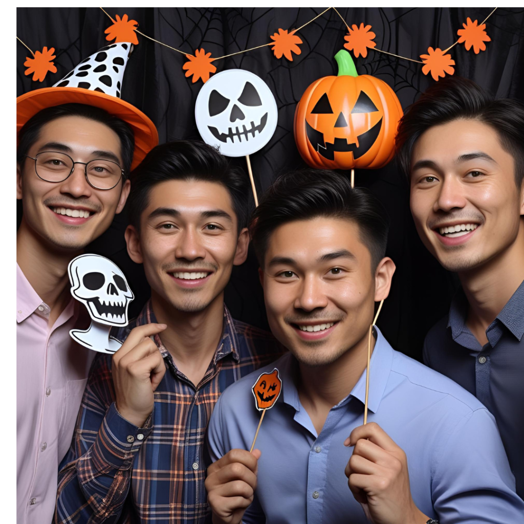 Halloween Party Ideas That Spark Spooky Fun for Everyone 8 A group of friends posing at a Halloween photo booth with silly props and a spooky backdrop.