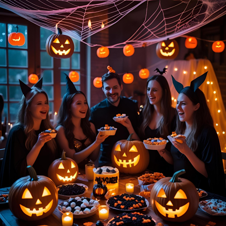 Festive Halloween party setup with glowing jack-o'-lanterns, themed treats, spider webs, candles, and guests in costume celebrating together.