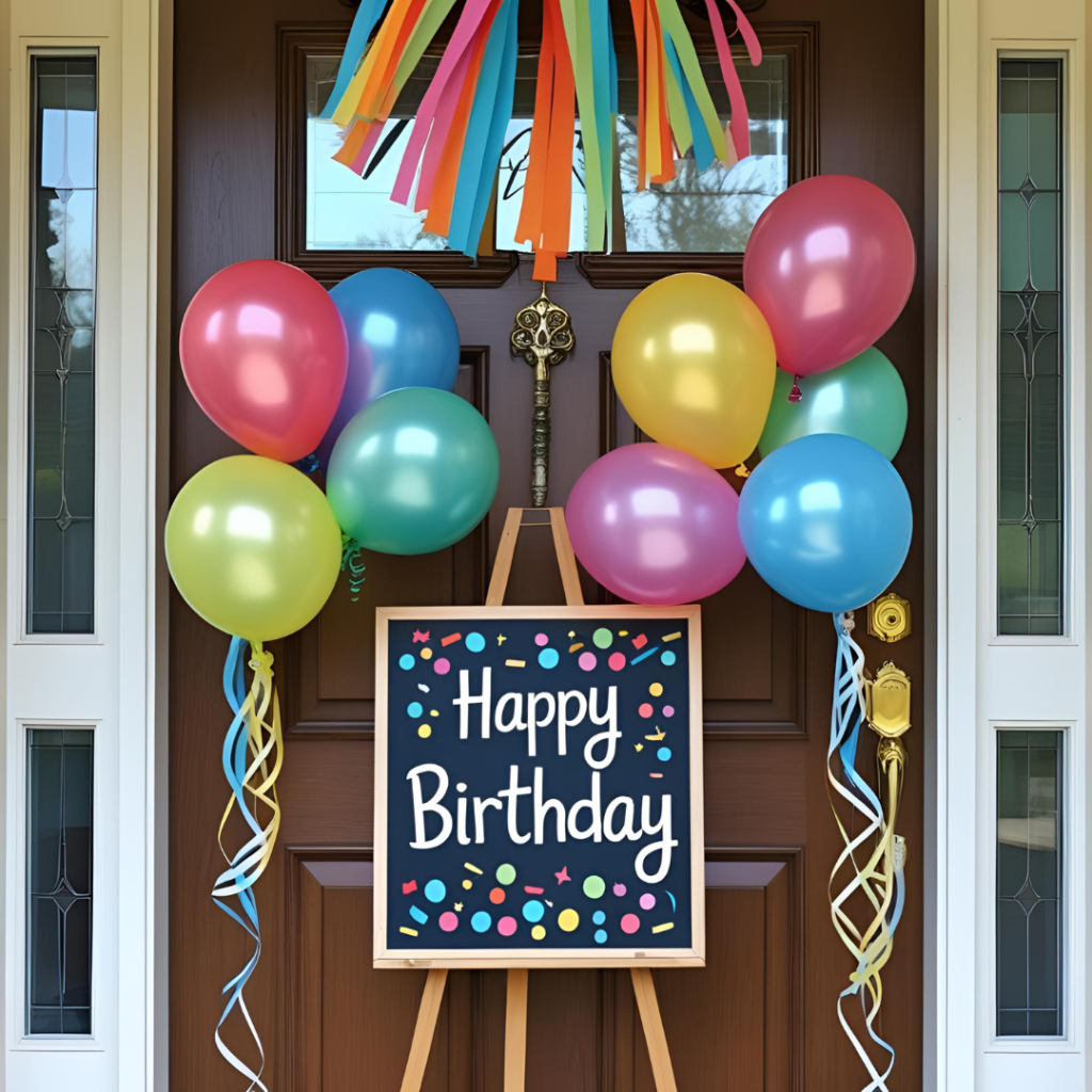 Birthday Decoration Ideas That Make Every Celebration Magical 2 Festive birthday entrance with balloon clusters, a welcome sign, and streamers creating a cheerful vibe.