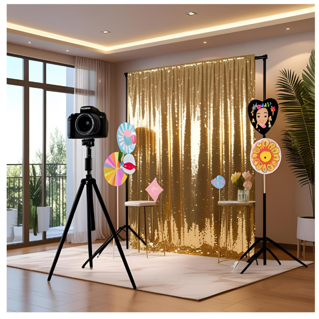 Birthday Decoration Ideas That Make Every Celebration Magical 4 : A glittering photo booth corner with a gold sequin backdrop, fun party props, and a tripod camera setup.