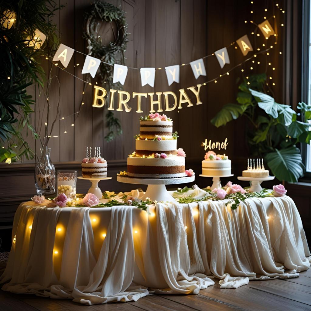 Birthday Decoration Ideas That Make Every Celebration Magical 5 Birthday cake table with fairy lights, tiered desserts, and personalized name sign as a centerpiece.