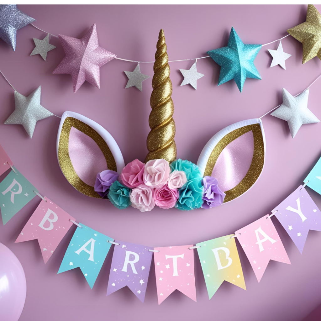 Birthday Decoration Ideas That Make Every Celebration Magical 6 Unicorn party decor with themed hats, glitter stars, and pastel accents for a magical birthday vibe.