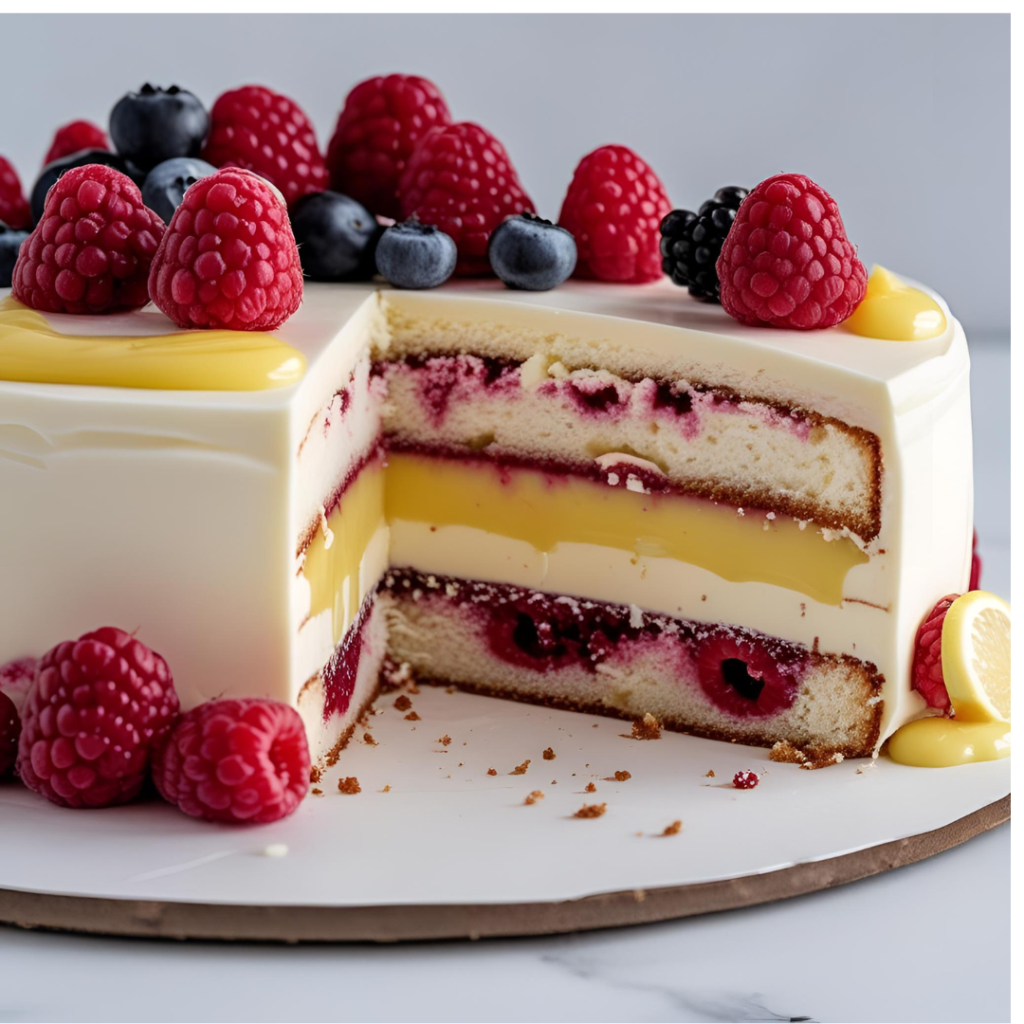 t: Sliced cake with layered raspberry filling, lemon curd, and white chocolate garnished with berries.