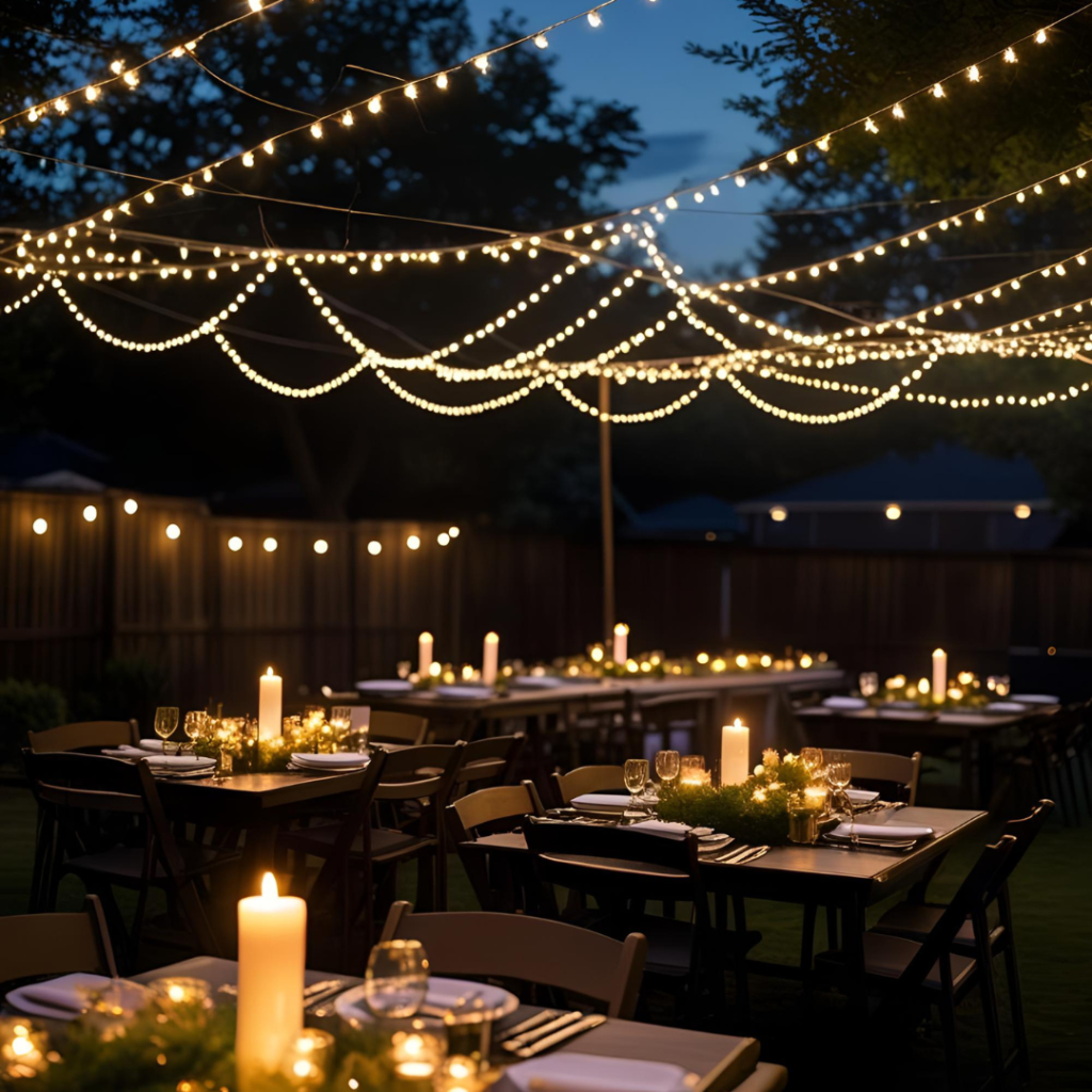 Birthday Decoration Ideas That Make Every Celebration Magical 8 Outdoor birthday party at dusk with fairy lights and candles creating a warm, magical glow.