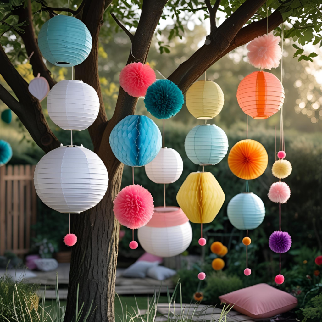 Birthday Decoration Ideas That Make Every Celebration Magical 9 DIY hanging decorations including paper lanterns and pom-poms swaying above a birthday party garden.