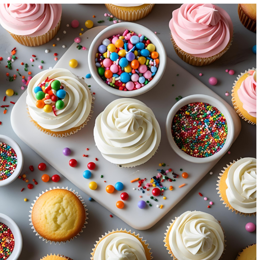 Birthday Decoration Ideas That Make Every Celebration Magical 10 : Interactive birthday cupcake station with frosting, toppings, and blank cupcakes for guests to decorate